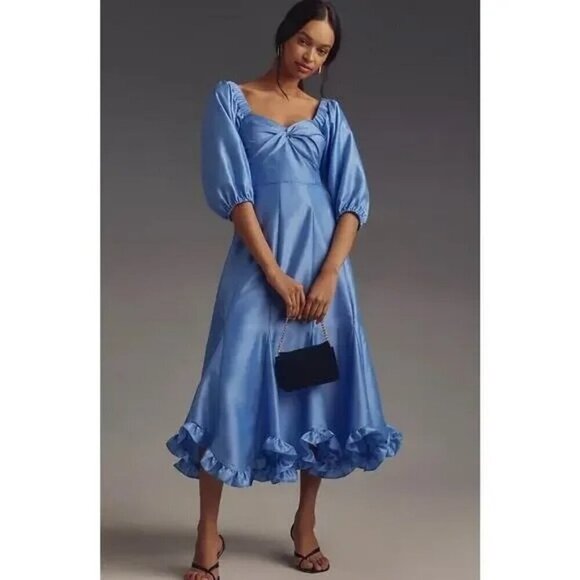 Anthropologie HUTCH Twist Front Puff Sleeve Ruffle Hem Dress Sky Blue Size XS - Picture 2 of 6